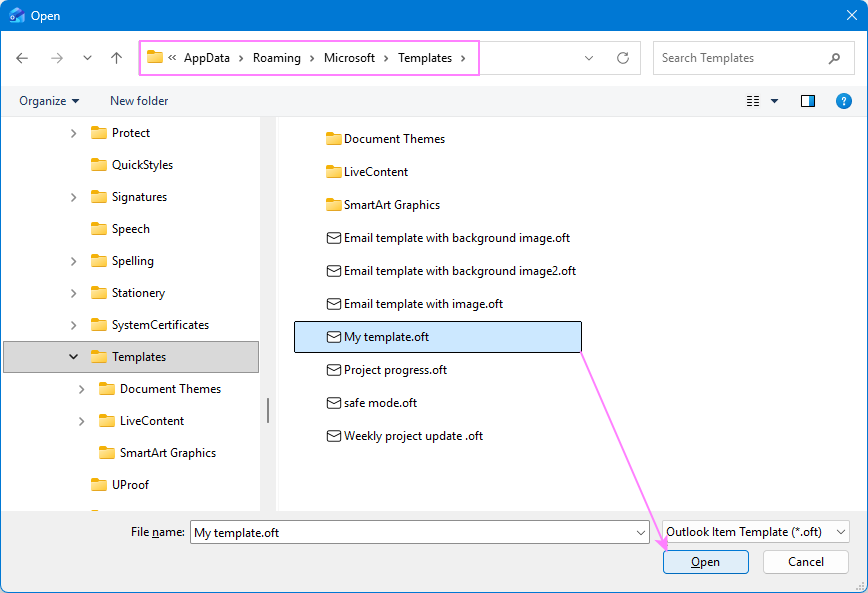 Select an .oft file to import into the new Outlook.