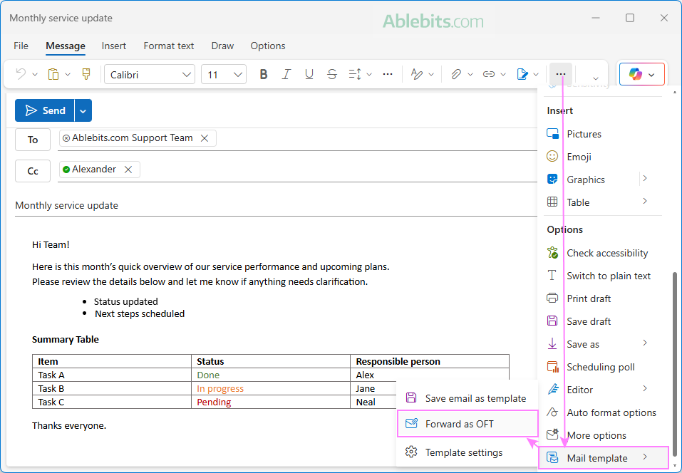 Share a message template as an .oft file.