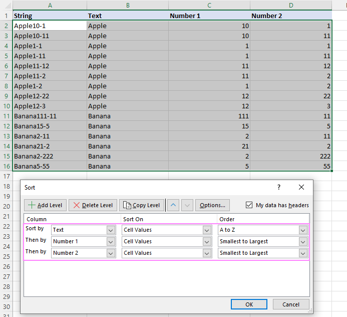 Sort mixed text and numbers in Excel.