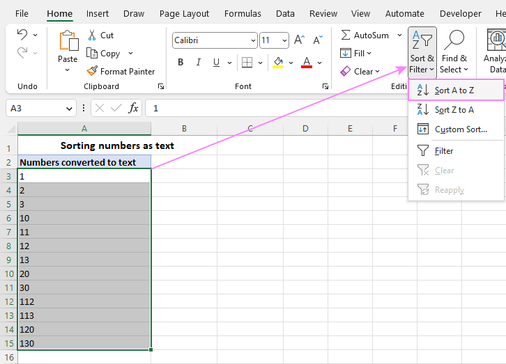 Sort numbers as text in Excel
