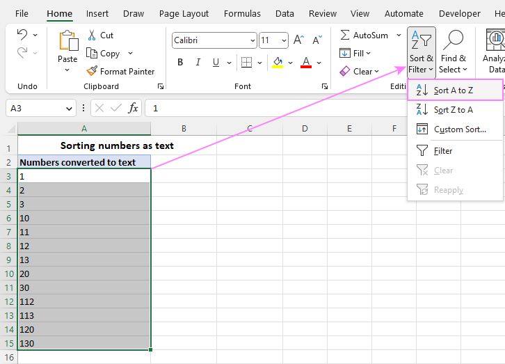 Sort Numbers As Text 