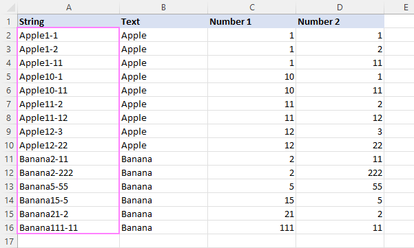 Alphanumeric strings are sorted by text and number.