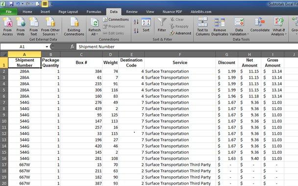 Subtotal formula in excel