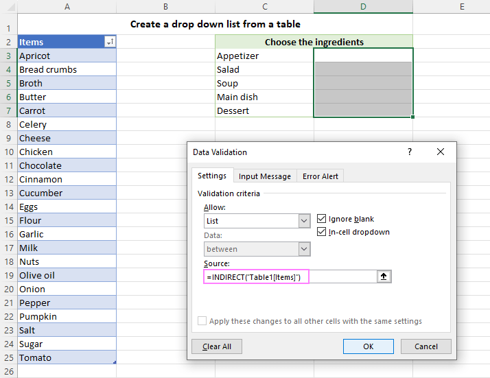 Create a data validation list from a table.