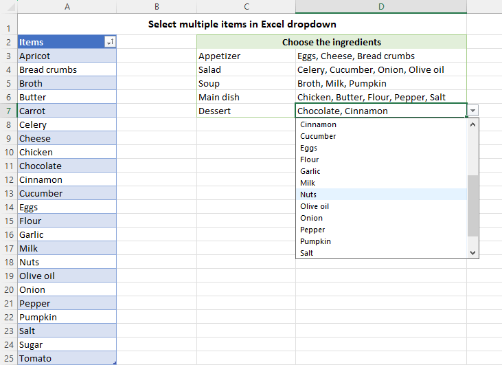 Excel drop-down list to select multiple items.