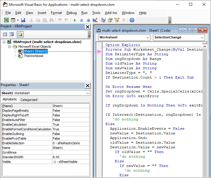 Insert VBA code to select multiple items in dropdown list.
