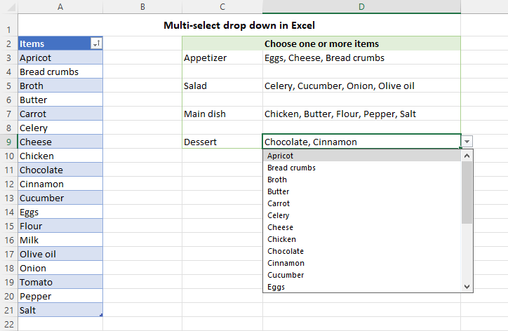 Excel drop down list with multiple selection
