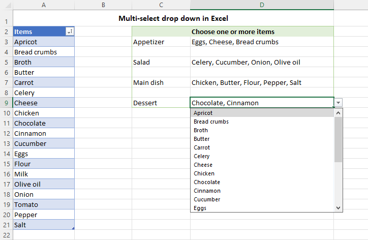 How to create multi-select drop down list in Excel