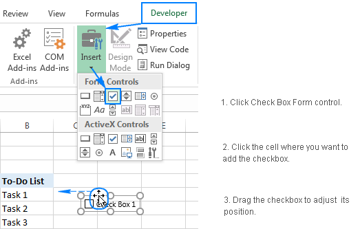 Adding a checkbox in Excel