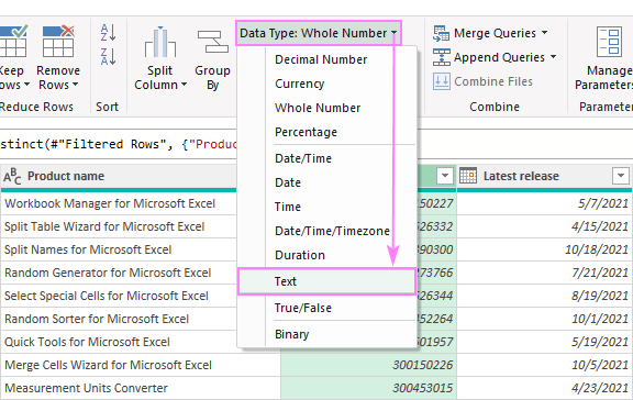 Specify data type for a column