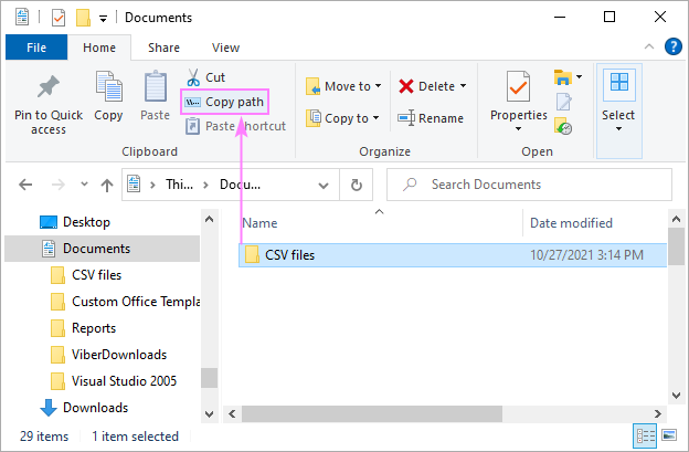 Copy the path to the folder containing CSV files.