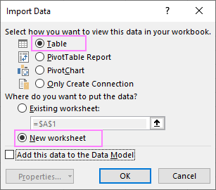 Specify how to import data into a worksheet.