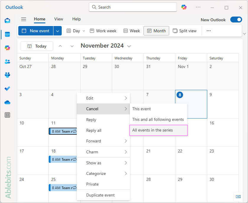 Cancel a series of recurring events in the new Outlook.