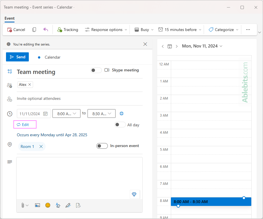 Update a recurring event in new Outlook and web.