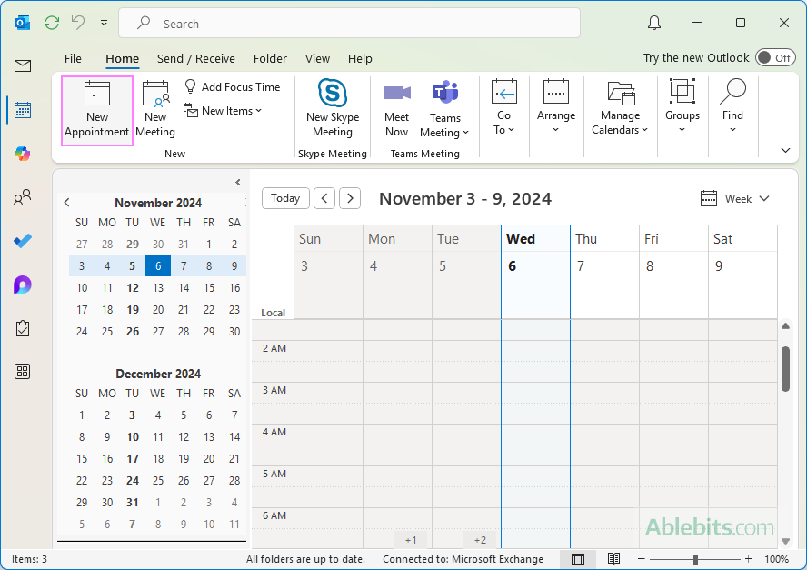 Create a new calendar event in Outlook.