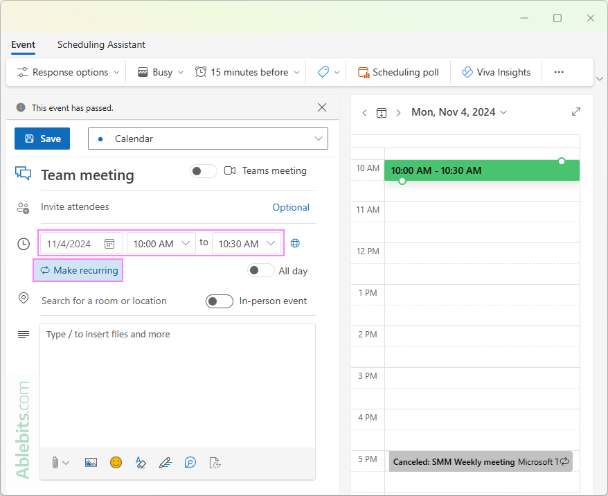 Create a recurring event in the new Outlook calendar.