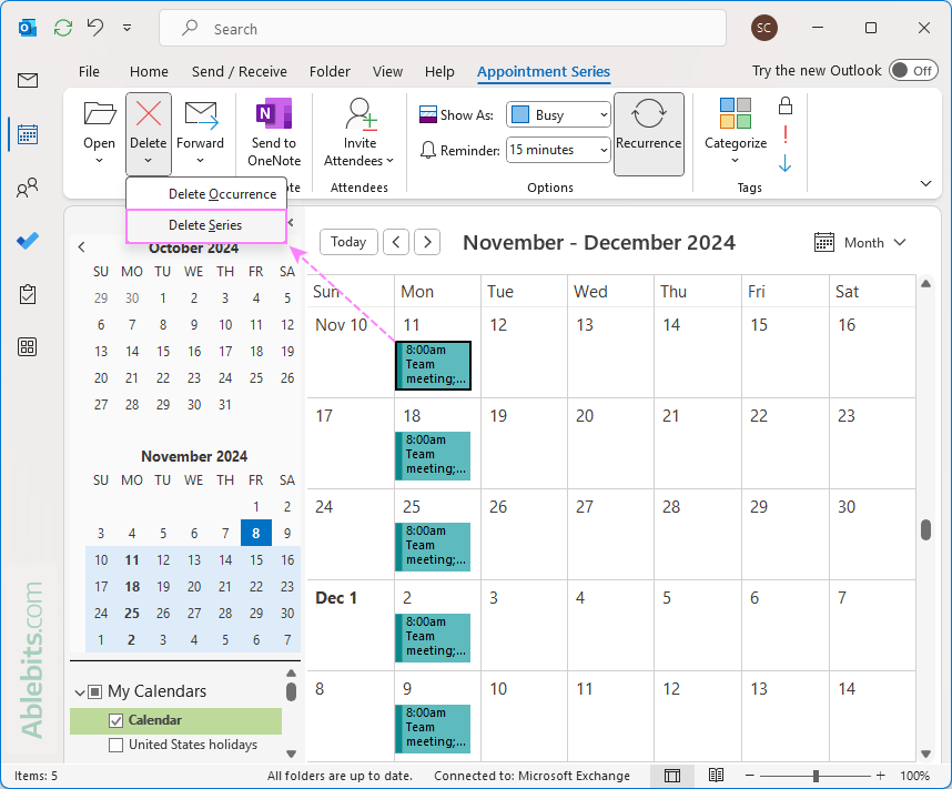 Delete a recurring event from Outlook calendar.