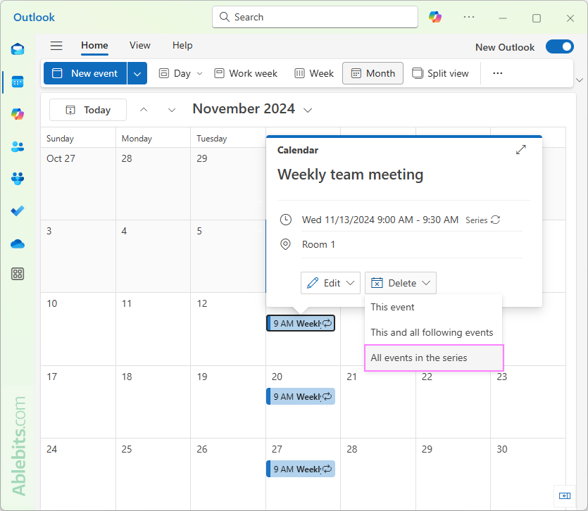 Remove recurring events from the new Outlook and web.