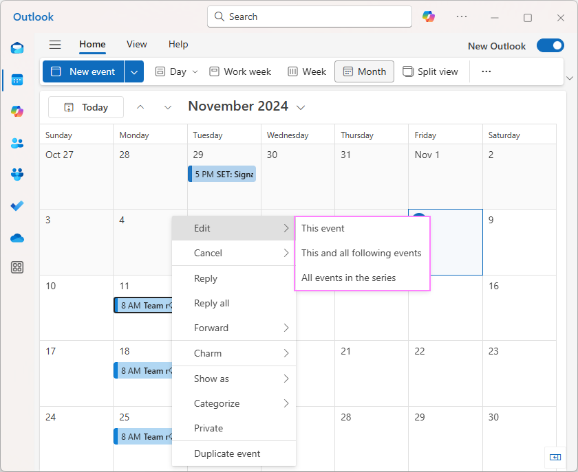 Edit a recurring event in the new Outlook and web.