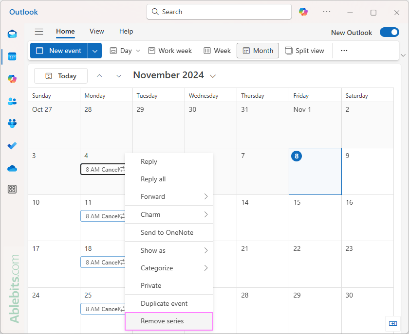 Remove an event series from Outlook.