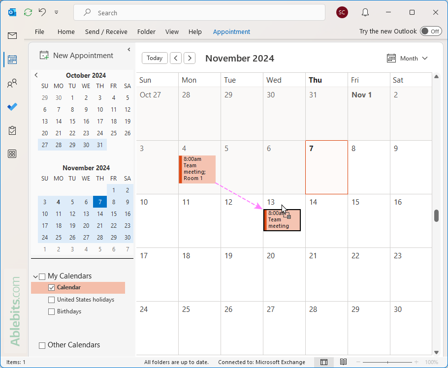 Schedule an Outlook event for multiple irregular dates.