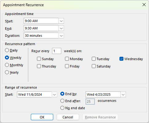 Specify the recurrence details.