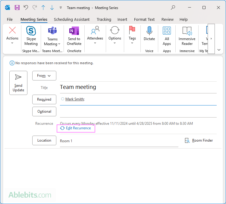 Change a recurring event in Outlook.