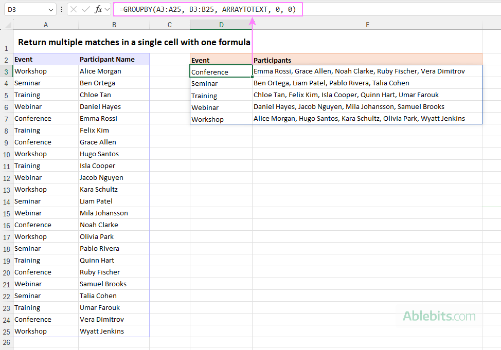 Return multiple matches into one cell with a dynamic-array formula.