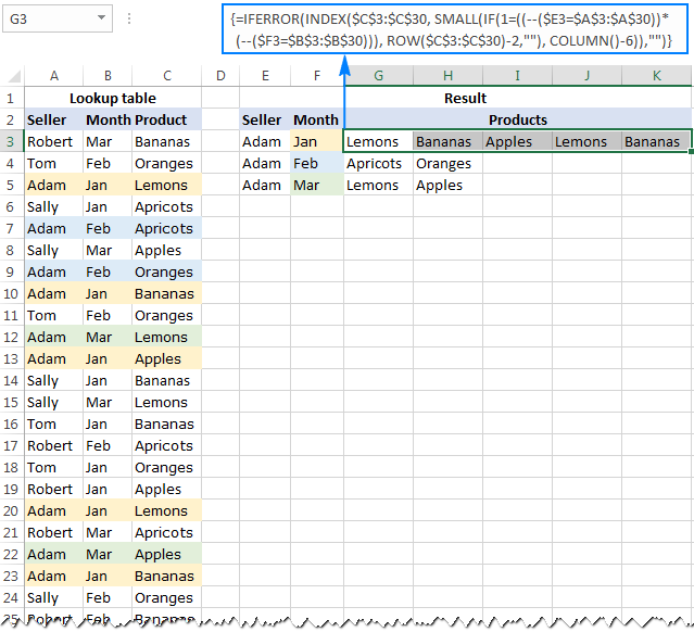Vlookup with multiple criteria returning multiple matches in rows