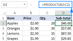 Multiplying two columns with the PRODUCT function