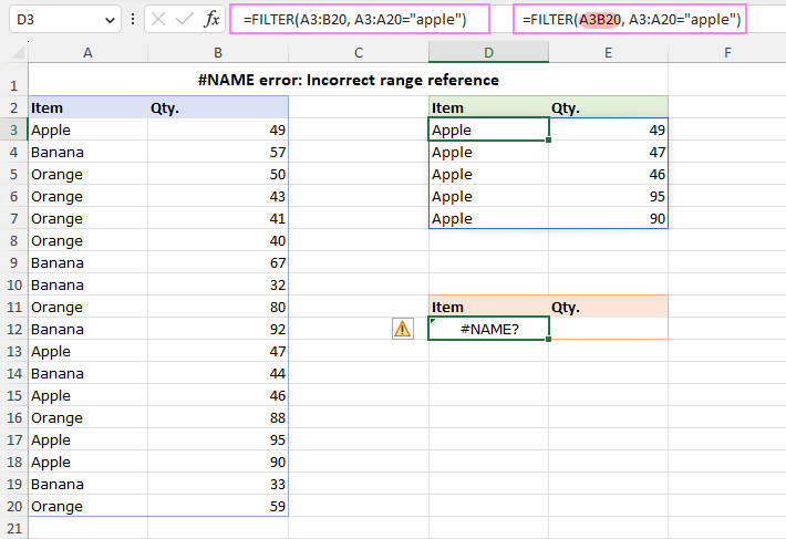 A formula returns a #NAME error because of an incorrect range reference.