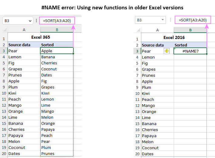 A #NAME error occurs in Excel because of using a new function in an older version.
