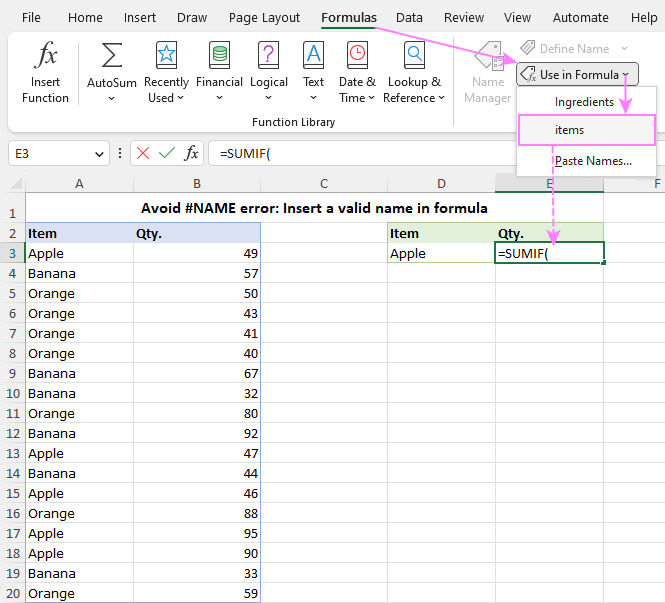 Leverage the Use in Formula option to enter the defined names in a formula.