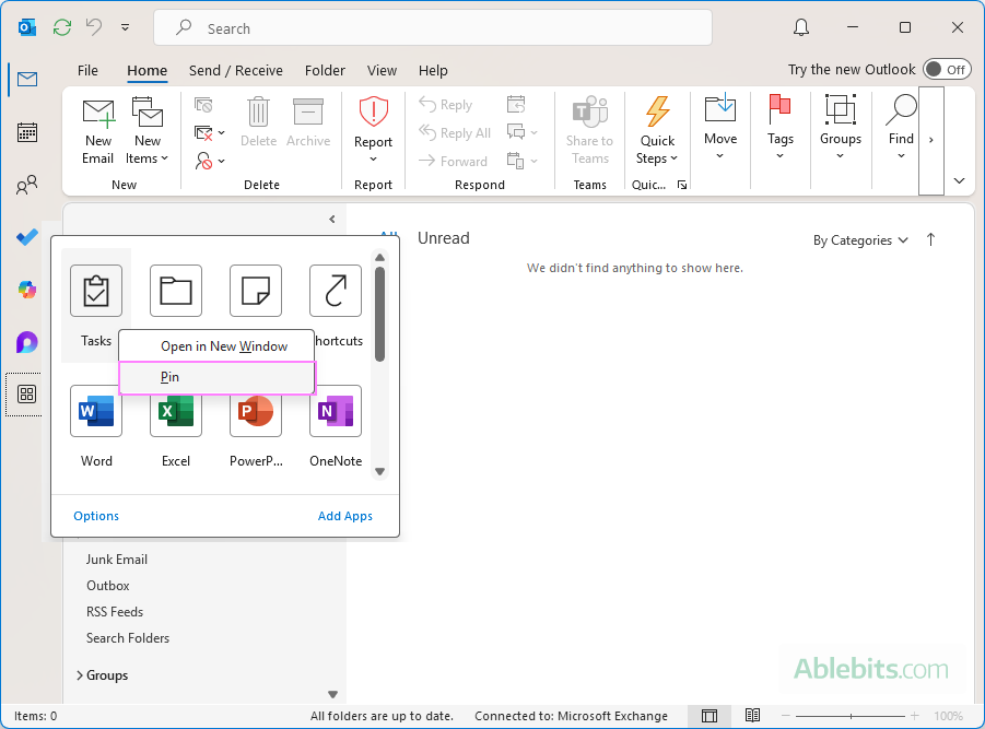 Pin an item to add it from the Outlook navigation bar.