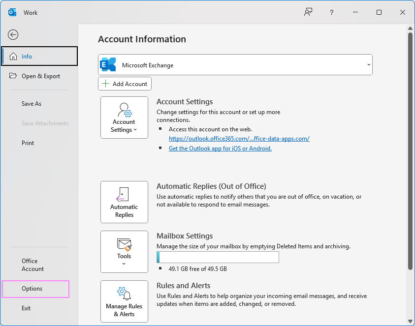 Access Outlook options.