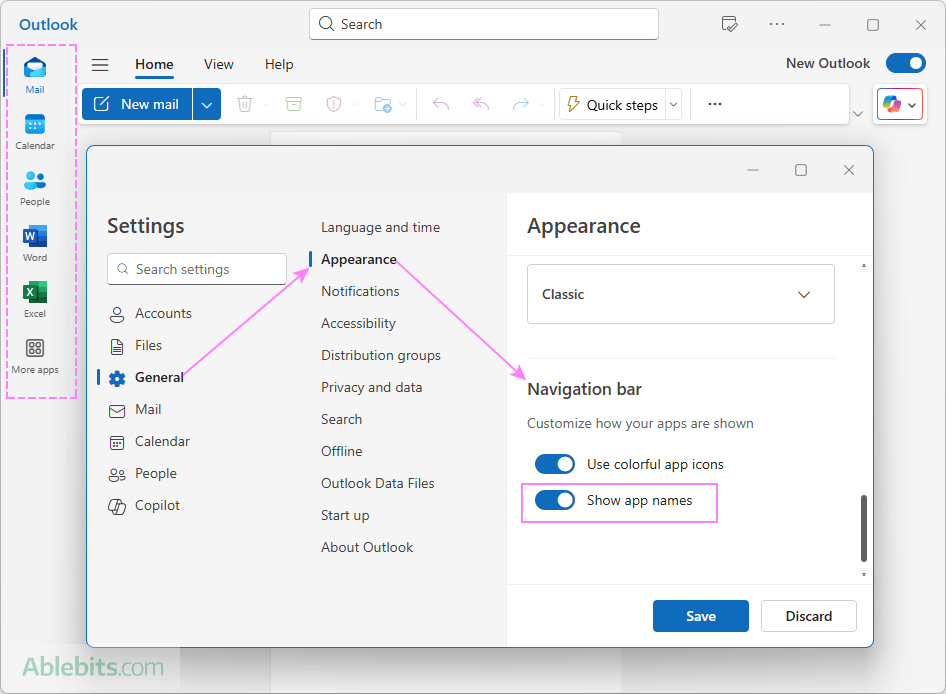 Show or hide app names in the Outlook navigation pane.
