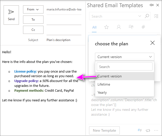 Populate email with the shortcut from dataset to fill in a template on the fly.