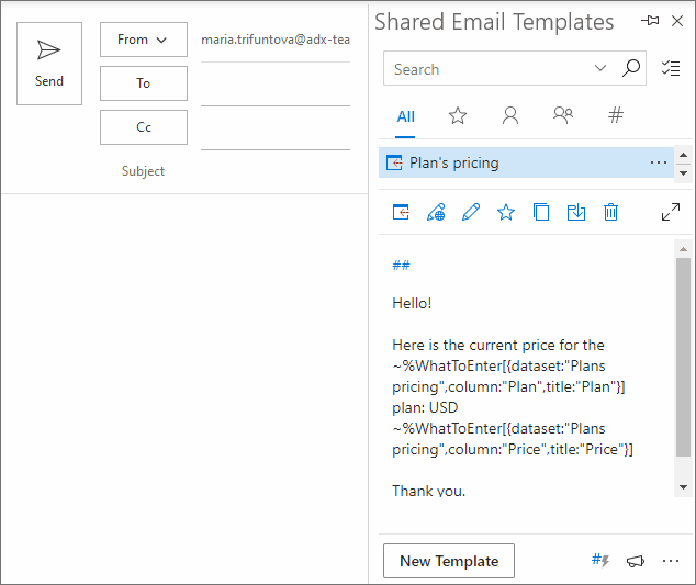 Fill in dynamic fields from a dataset when pasting the template.