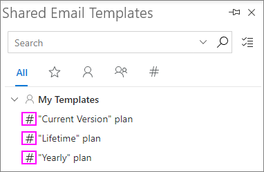 The view of the shortcuts on the Shared Email Templates pane.