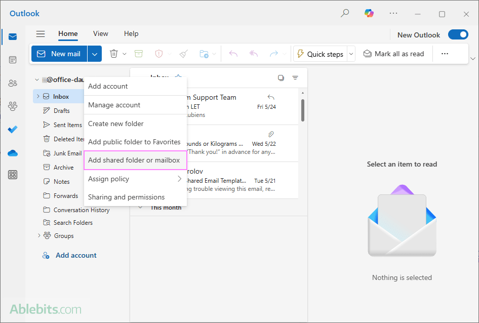 Add a shared folder to the new Outlook.