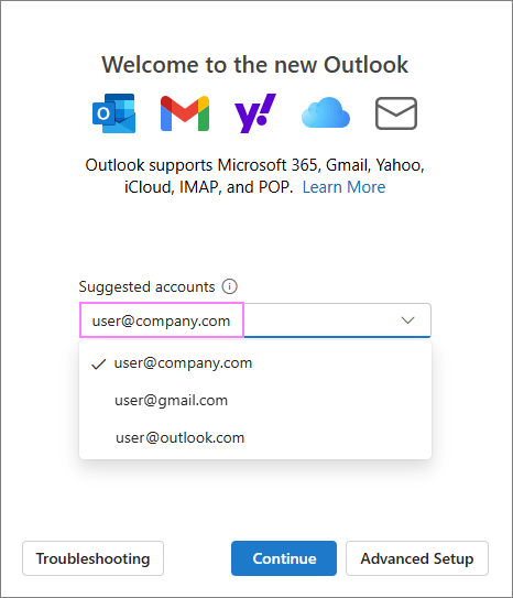 Create an account on the first Outlook start.
