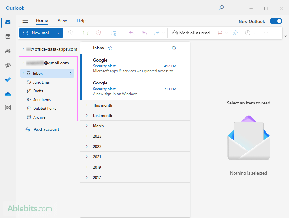 The Gmail account is integrated into the new Outlook.