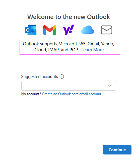 Supported account types in the new Outlook