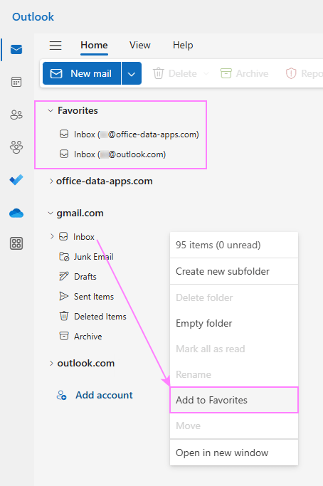 Add multiple inboxes to Favorites to monitoring new emails across different accounts.