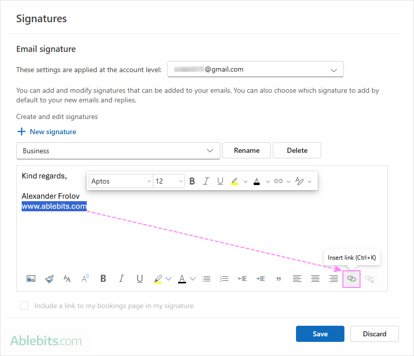 Add a hyperlink to a new Outlook signature.