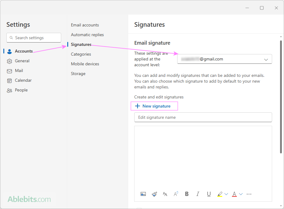 Add a new signature in Outlook.