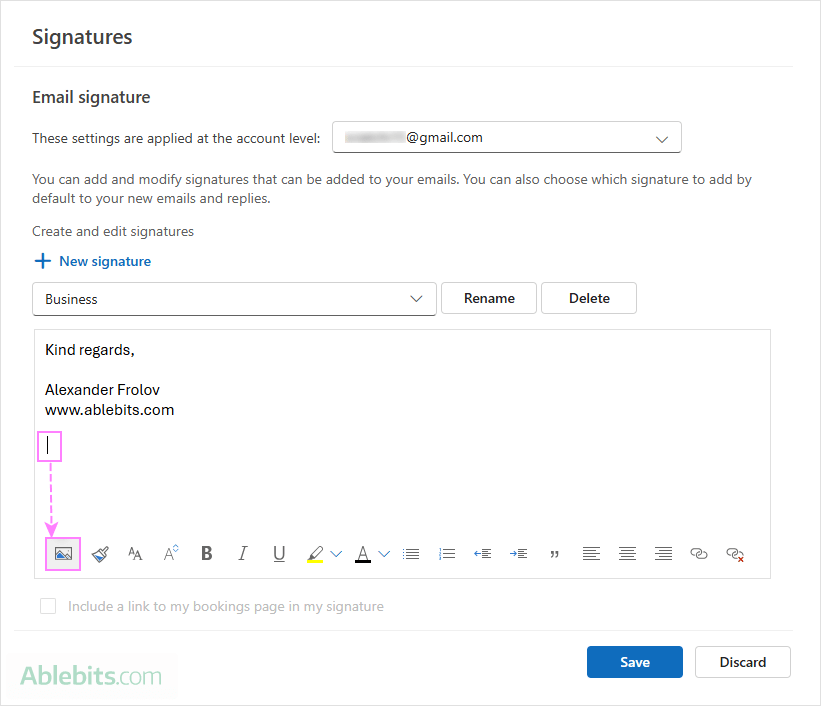 Add a picture to a new Outlook signature.