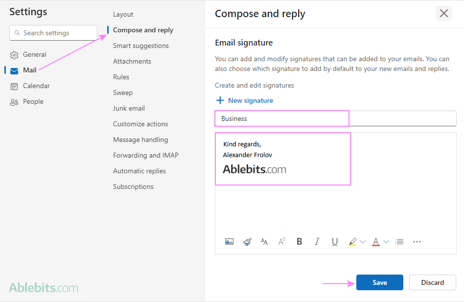 Add a new signature in the Outlook web.