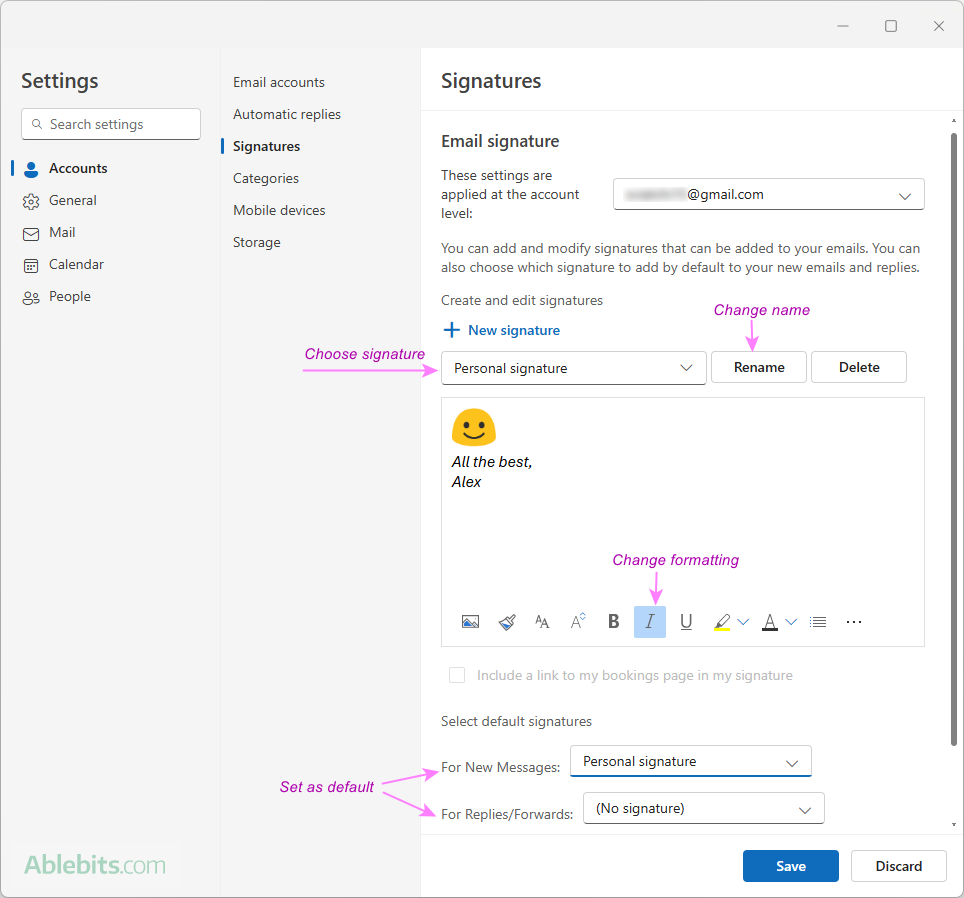 Update an email signature in the new Outlook.