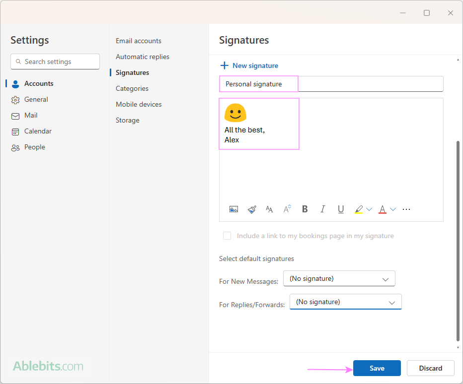 Create a signature in the new Outlook.